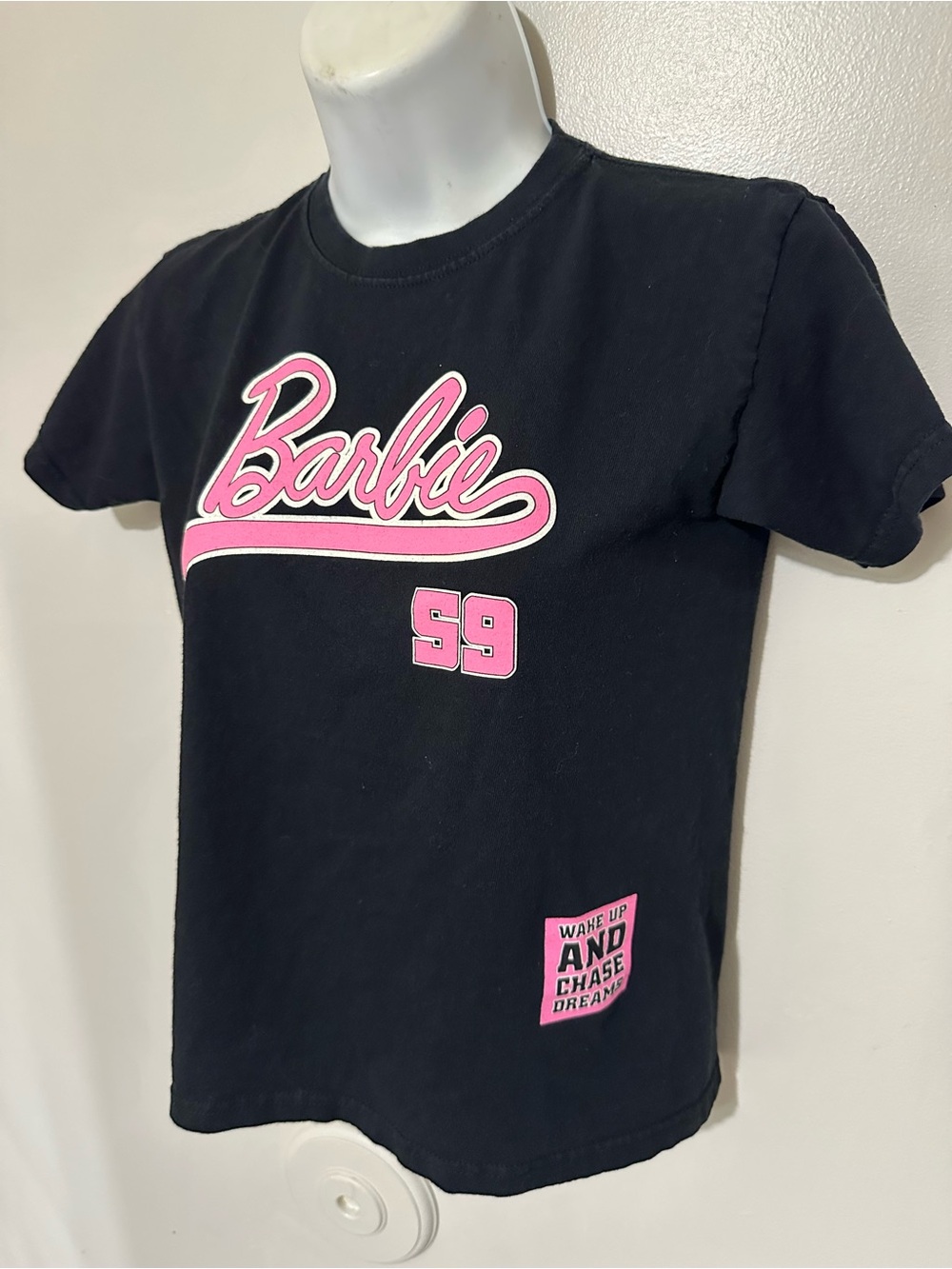 Barbie Dream Chaser Graphic Tee Size 12 Black Pink Retro Logo Mattel 2024